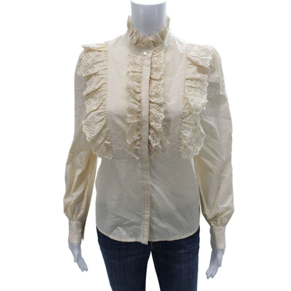The Westside Women Blouse Ivory Silk High Neck Long Sleeve Button Size XS